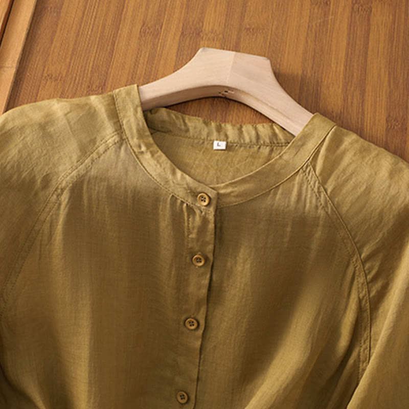 Daily Three Quarter Sleeve Cotton Linen Women's Shirt With Pockets