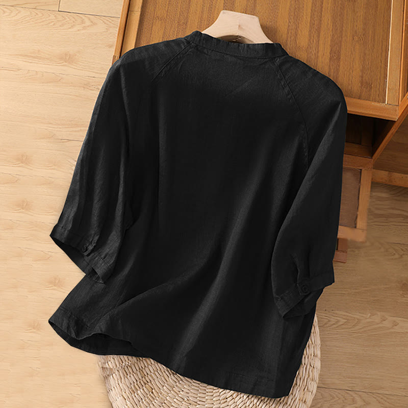 Daily Three Quarter Sleeve Cotton Linen Women's Shirt With Pockets