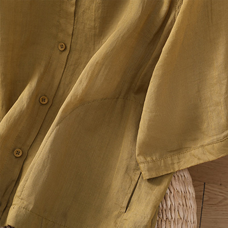 Daily Three Quarter Sleeve Cotton Linen Women's Shirt With Pockets