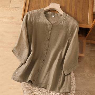 Daily Three Quarter Sleeve Cotton Linen Women's Shirt With Pockets