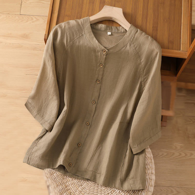 Daily Three Quarter Sleeve Cotton Linen Women's Shirt With Pockets
