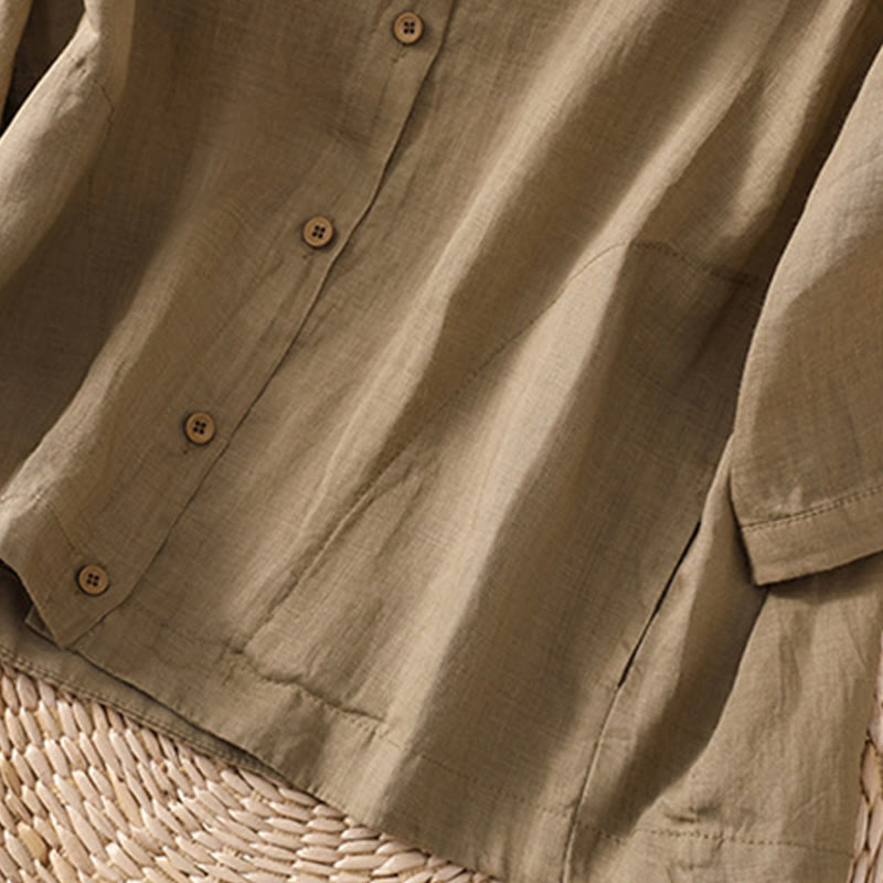 Daily Three Quarter Sleeve Cotton Linen Women's Shirt With Pockets