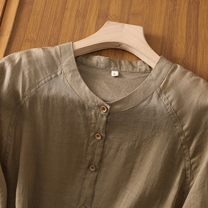 Daily Three Quarter Sleeve Cotton Linen Women's Shirt With Pockets