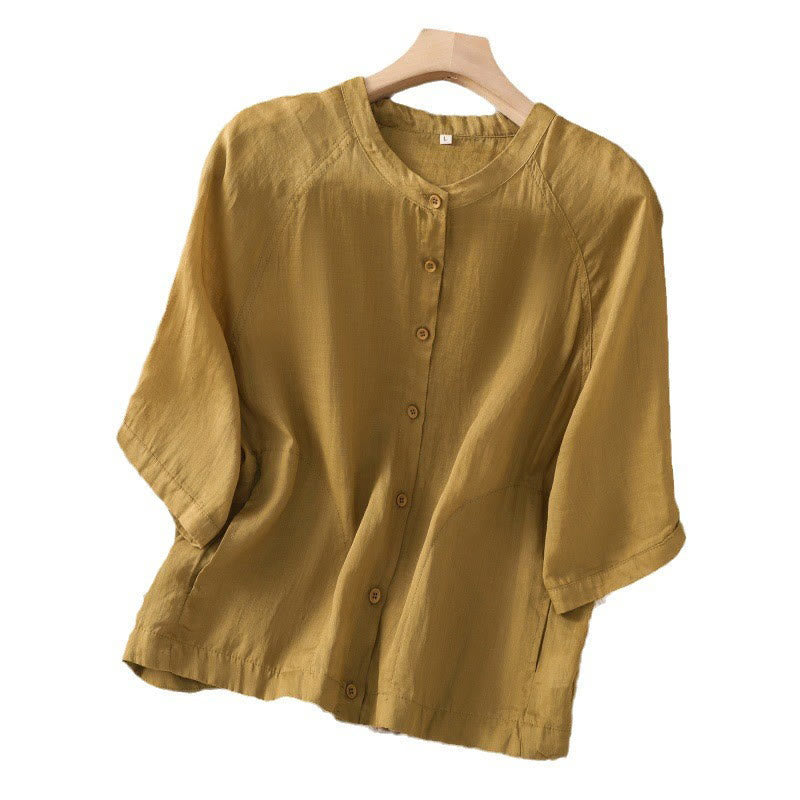 Daily Three Quarter Sleeve Cotton Linen Women's Shirt With Pockets