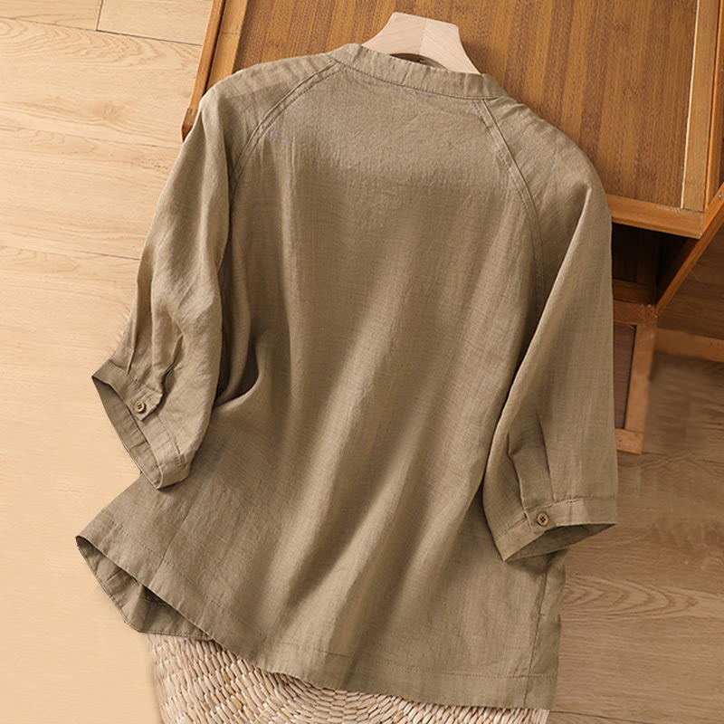 Daily Three Quarter Sleeve Cotton Linen Women's Shirt With Pockets