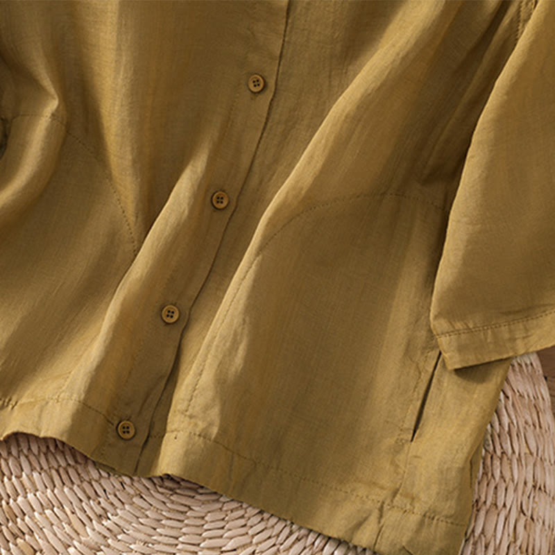 Daily Three Quarter Sleeve Cotton Linen Women's Shirt With Pockets