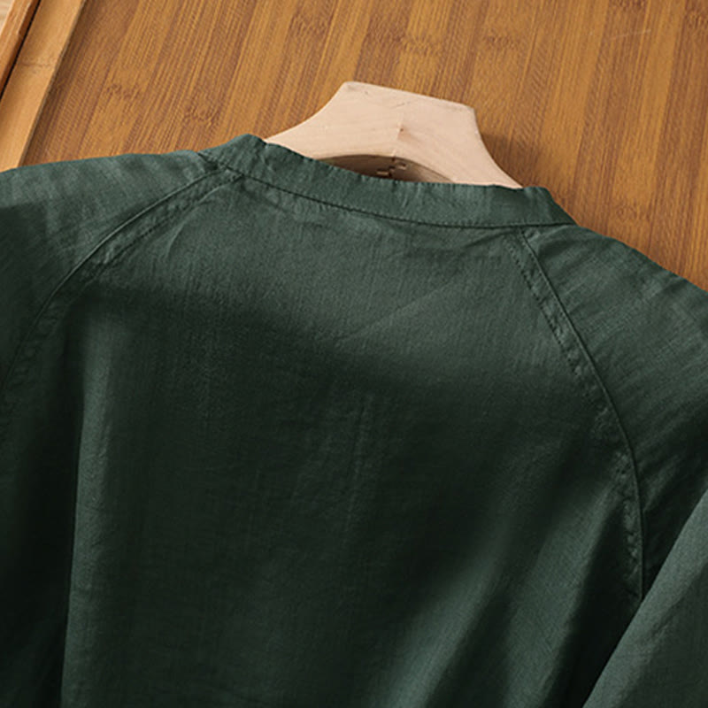 Daily Three Quarter Sleeve Cotton Linen Women's Shirt With Pockets