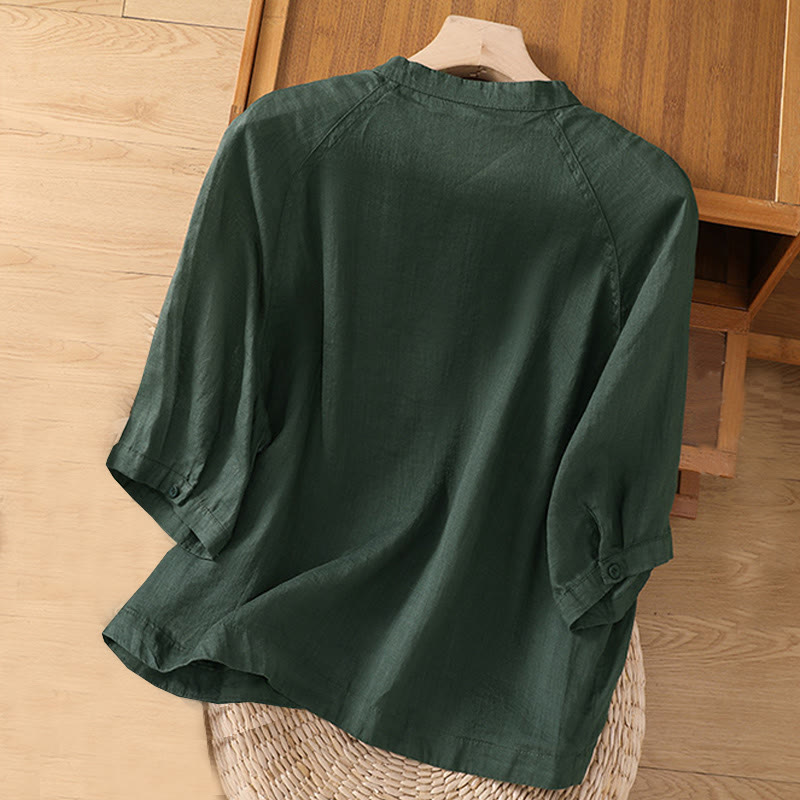 Daily Three Quarter Sleeve Cotton Linen Women's Shirt With Pockets