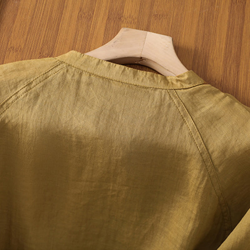 Daily Three Quarter Sleeve Cotton Linen Women's Shirt With Pockets