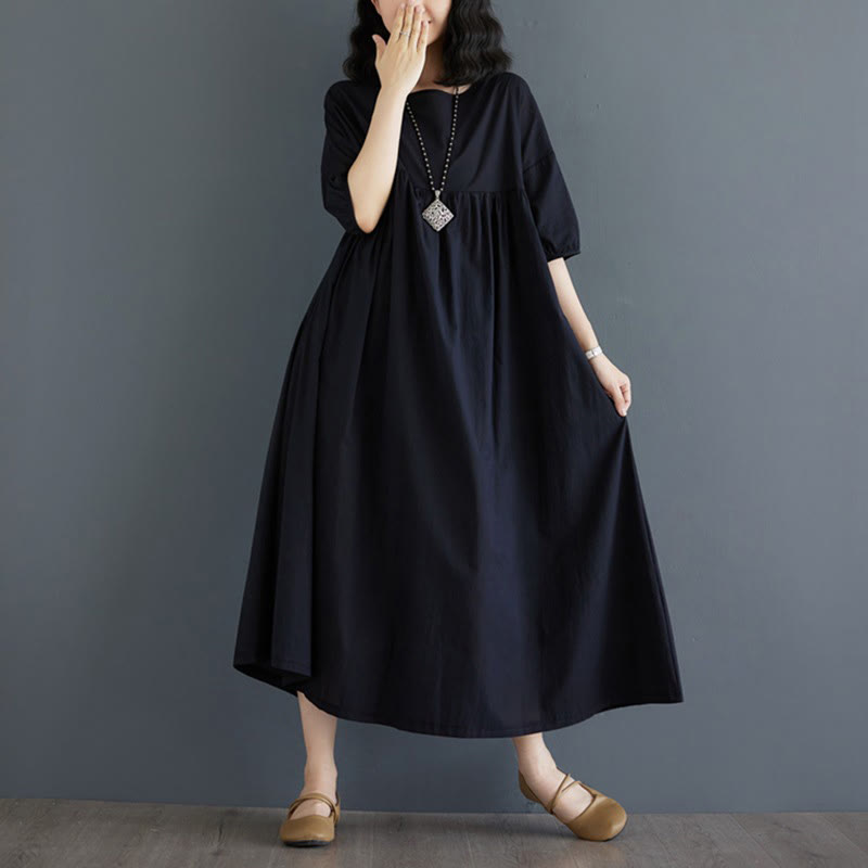 Tactile Cotton Pleated Half-Sleeve Mindful Midi Dress