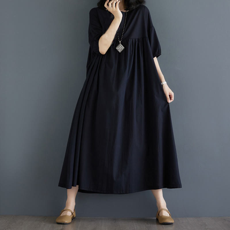 Tactile Cotton Pleated Half-Sleeve Mindful Midi Dress