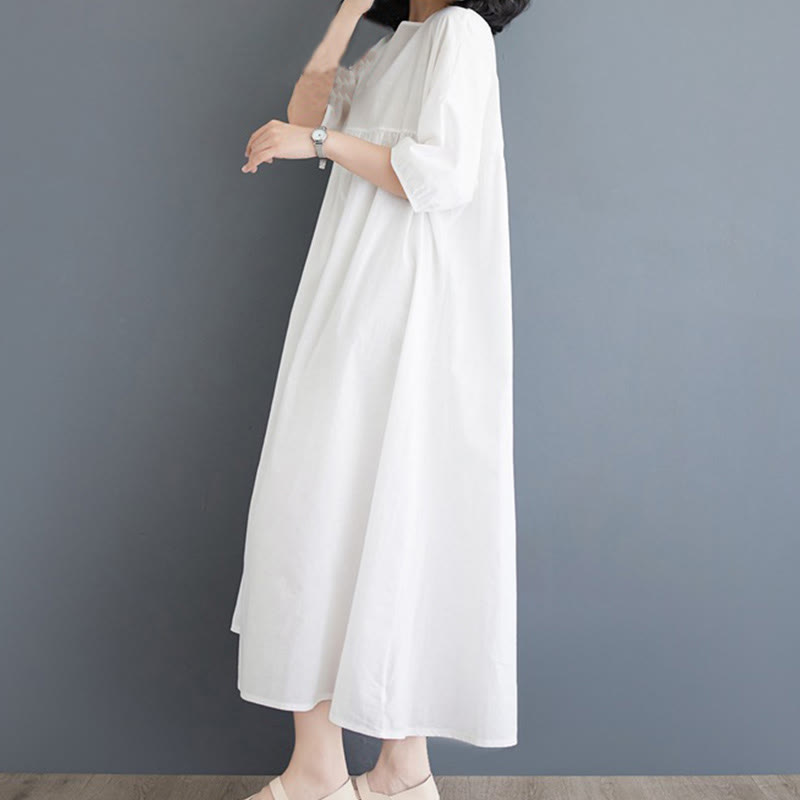 Tactile Cotton Pleated Half-Sleeve Mindful Midi Dress