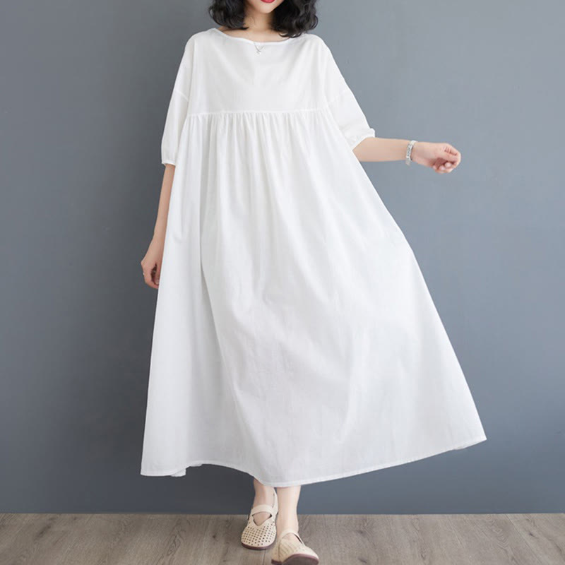 Tactile Cotton Pleated Half-Sleeve Mindful Midi Dress