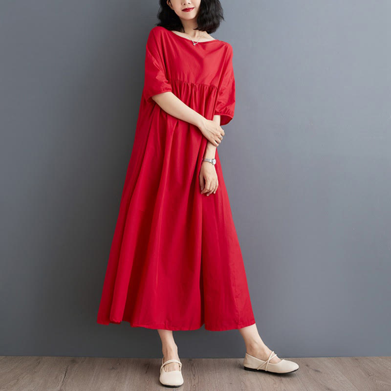 Tactile Cotton Pleated Half-Sleeve Mindful Midi Dress
