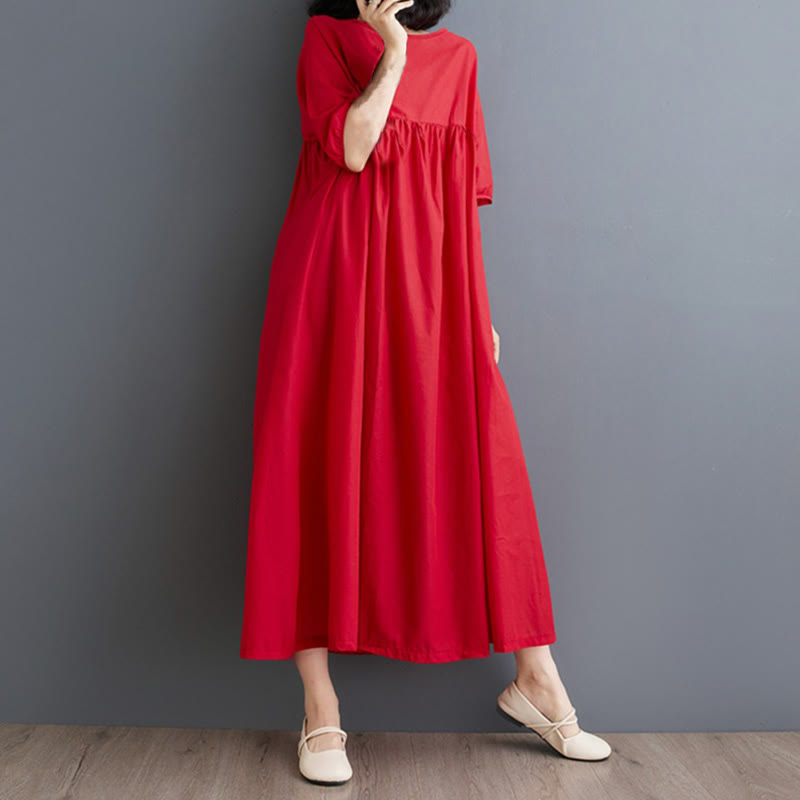 Tactile Cotton Pleated Half-Sleeve Mindful Midi Dress