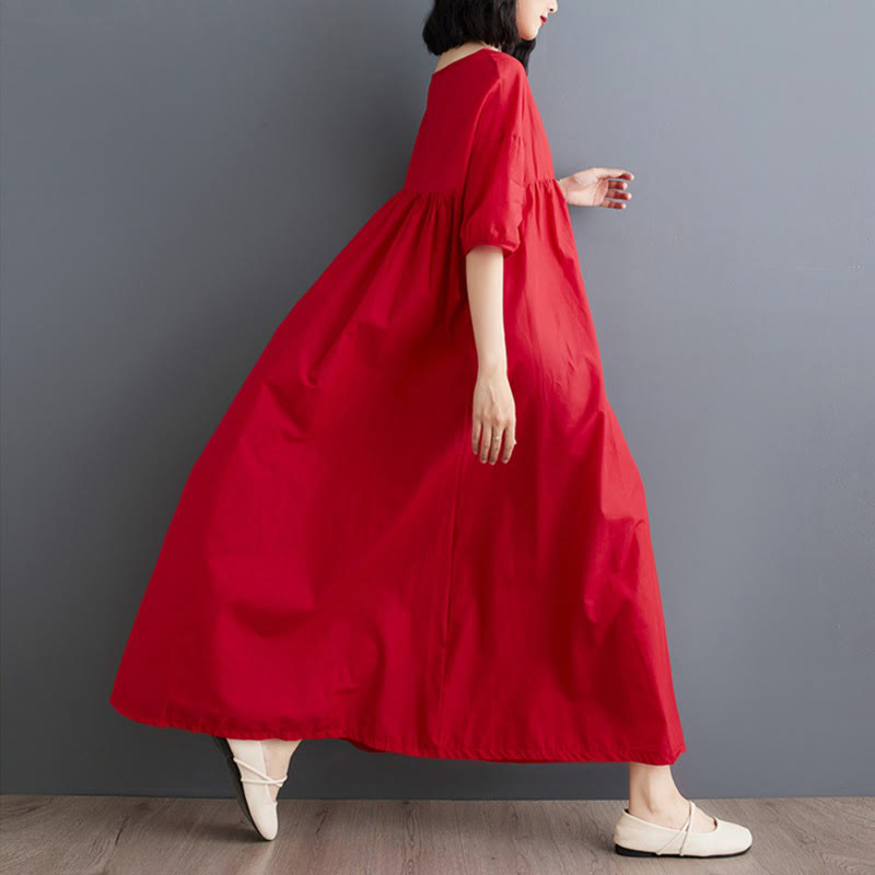 Tactile Cotton Pleated Half-Sleeve Mindful Midi Dress