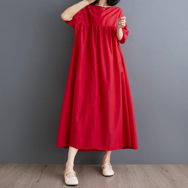 Tactile Cotton Pleated Half-Sleeve Mindful Midi Dress