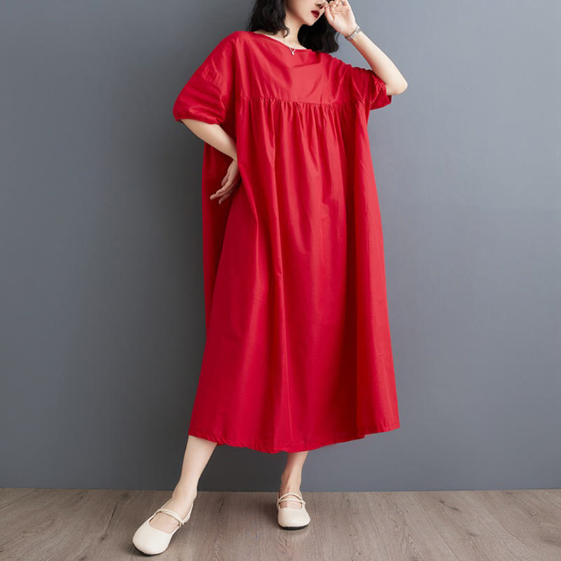 Tactile Cotton Pleated Half-Sleeve Mindful Midi Dress