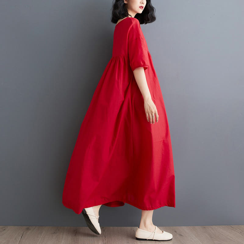 Tactile Cotton Pleated Half-Sleeve Mindful Midi Dress
