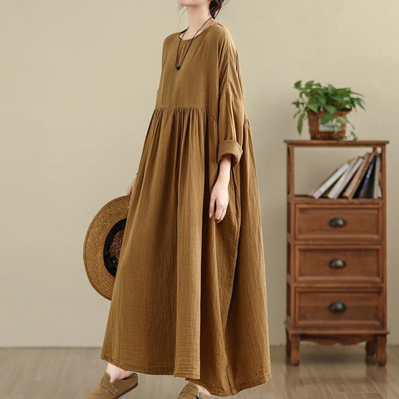 Tactile Cotton Linen Long Sleeve Relaxed Mindful Midi Dress