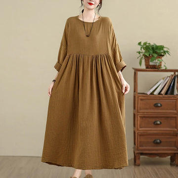 Tactile Cotton Linen Long Sleeve Relaxed Mindful Midi Dress