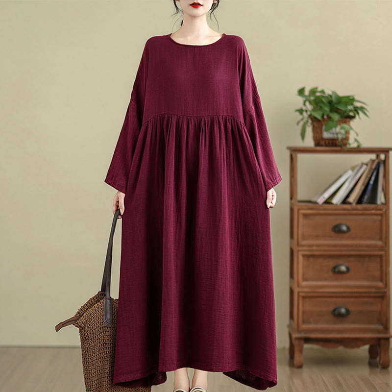 Tactile Cotton Linen Long Sleeve Relaxed Mindful Midi Dress