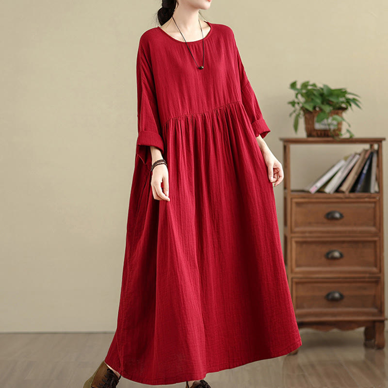 Tactile Cotton Linen Long Sleeve Relaxed Mindful Midi Dress