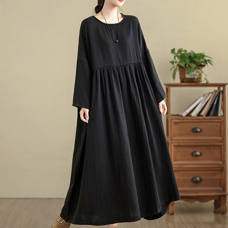 Tactile Cotton Linen Long Sleeve Relaxed Mindful Midi Dress
