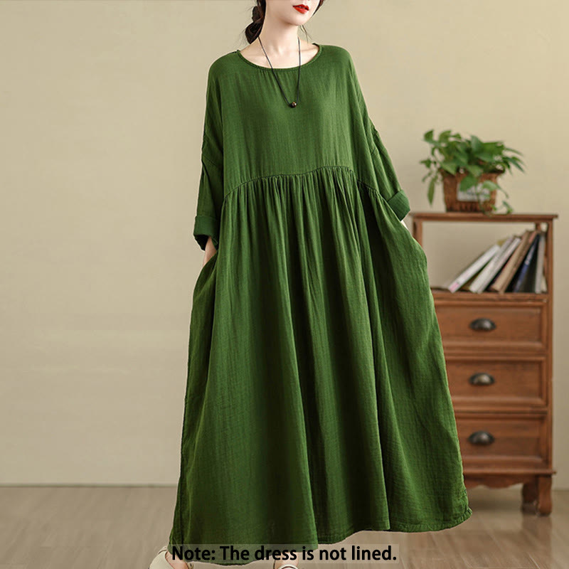 Tactile Cotton Linen Long Sleeve Relaxed Mindful Midi Dress