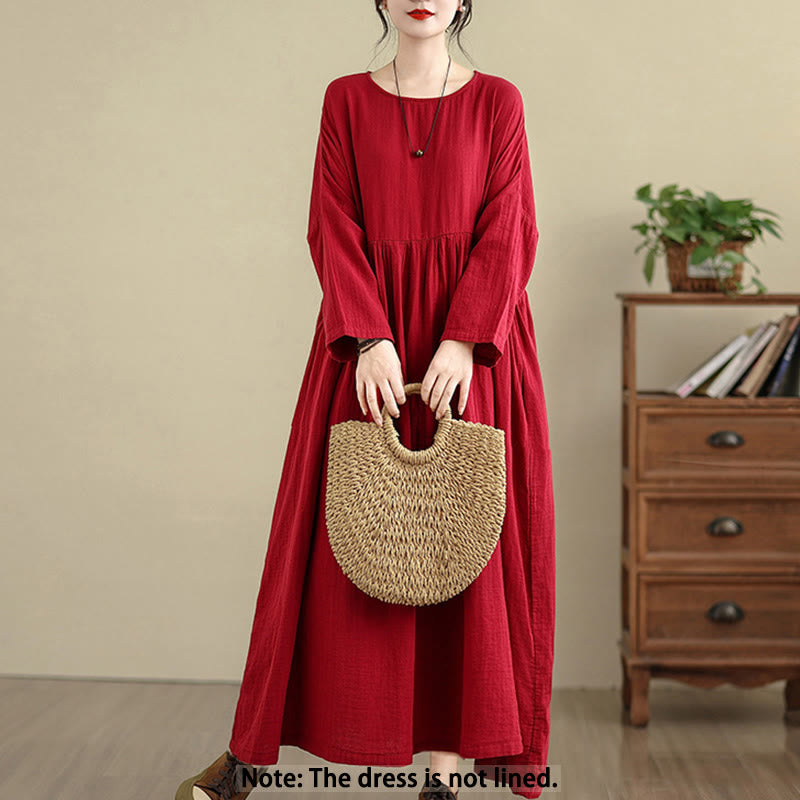 Tactile Cotton Linen Long Sleeve Relaxed Mindful Midi Dress