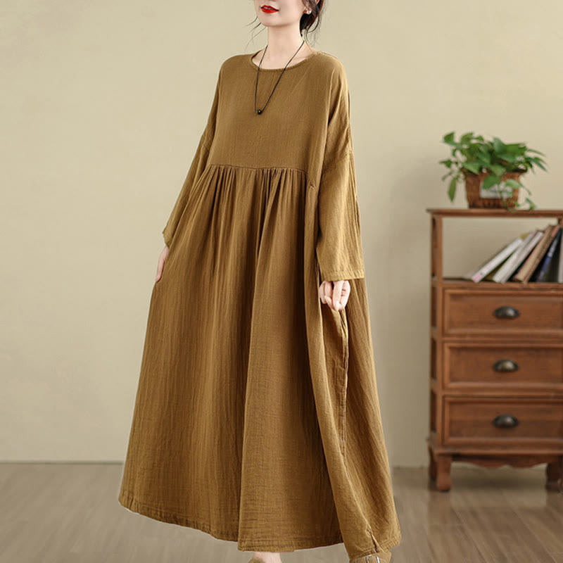 Tactile Cotton Linen Long Sleeve Relaxed Mindful Midi Dress