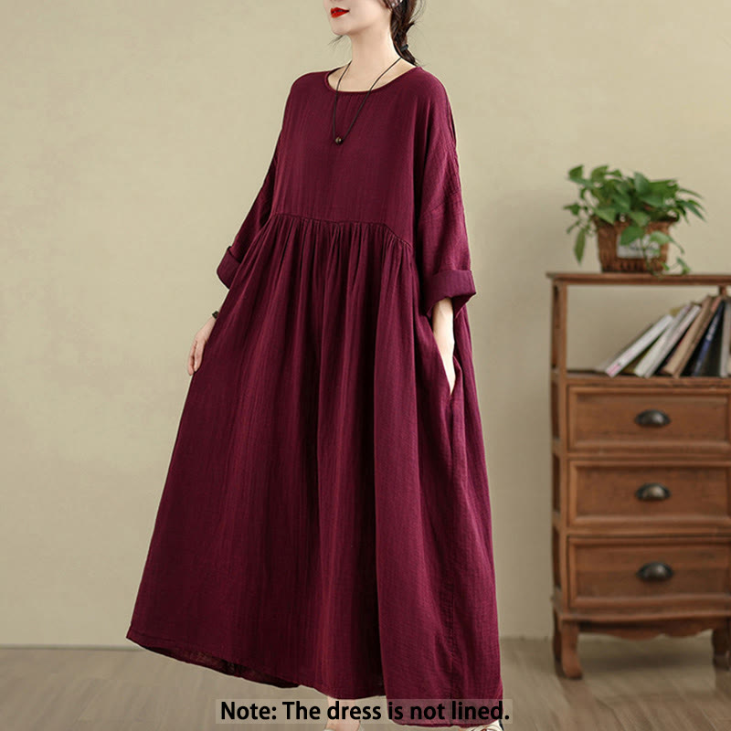 Tactile Cotton Linen Long Sleeve Relaxed Mindful Midi Dress