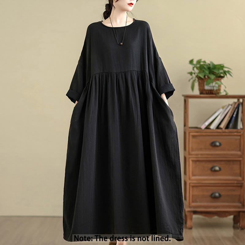 Tactile Cotton Linen Long Sleeve Relaxed Mindful Midi Dress