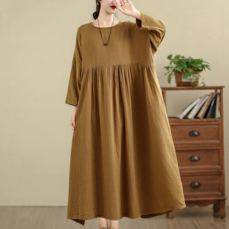 Tactile Cotton Linen Long Sleeve Relaxed Mindful Midi Dress