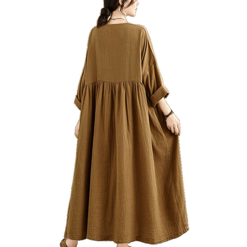 Tactile Cotton Linen Long Sleeve Relaxed Mindful Midi Dress
