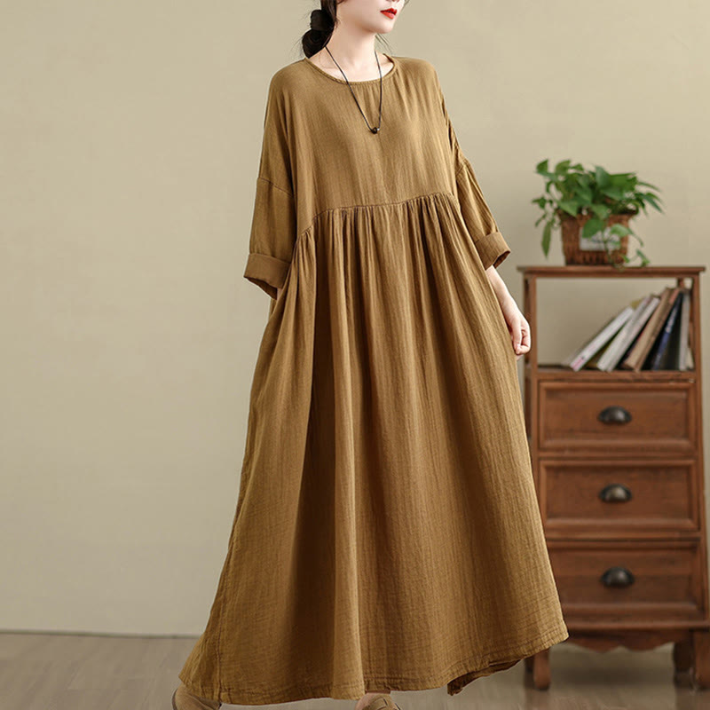 Tactile Cotton Linen Long Sleeve Relaxed Mindful Midi Dress