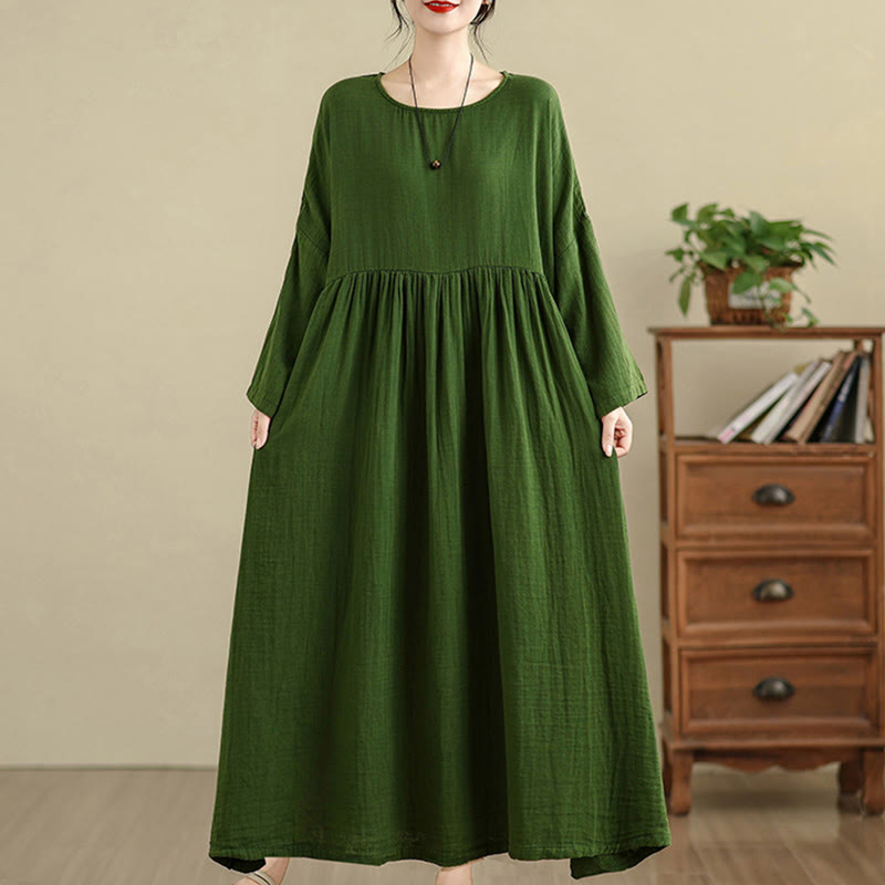 Tactile Cotton Linen Long Sleeve Relaxed Mindful Midi Dress