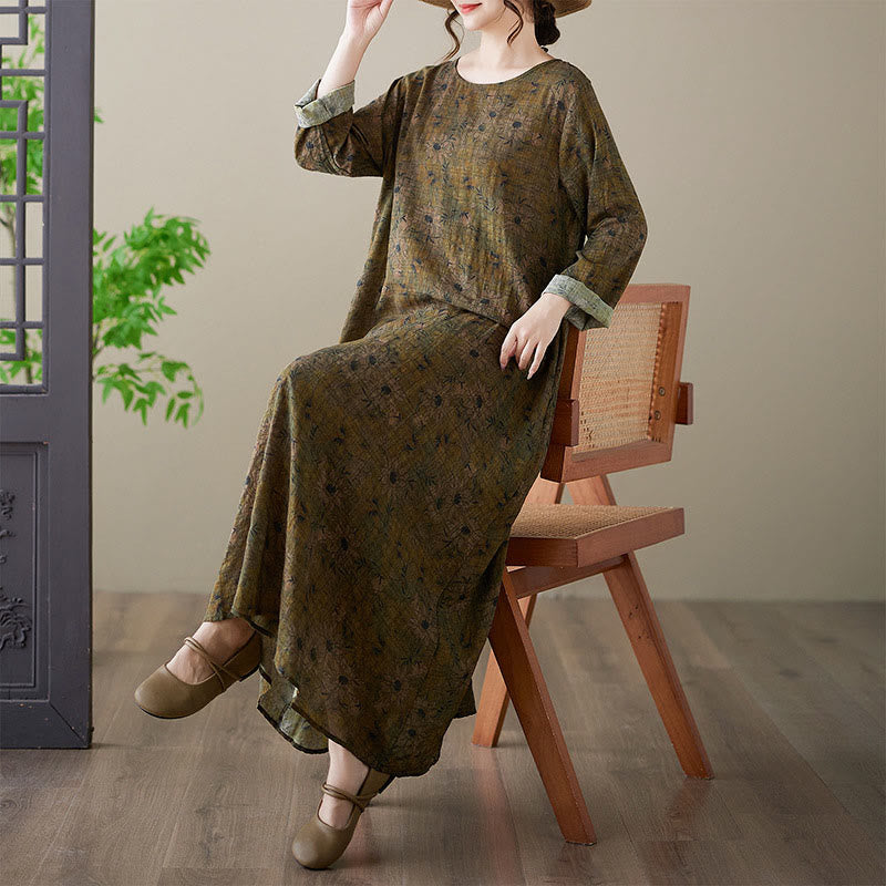 Olive Printing Flower Long Sleeve Cotton Linen Maxi Dress With Pockets