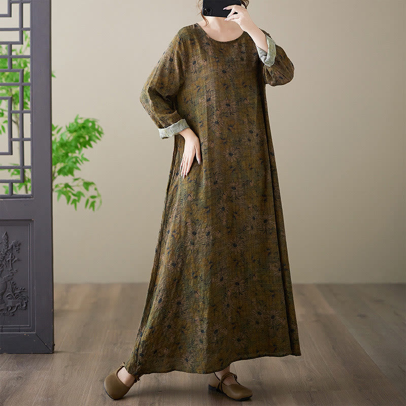 Olive Printing Flower Long Sleeve Cotton Linen Maxi Dress With Pockets