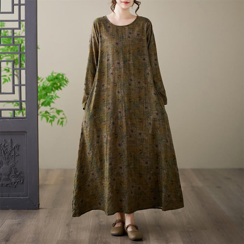 Olive Printing Flower Long Sleeve Cotton Linen Maxi Dress With Pockets