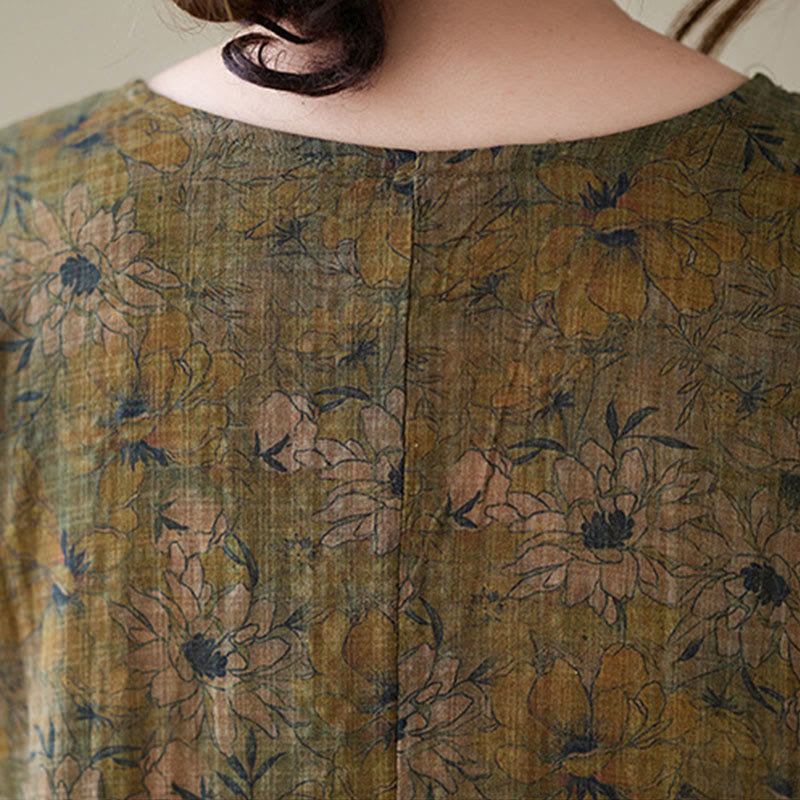 Olive Printing Flower Long Sleeve Cotton Linen Maxi Dress With Pockets