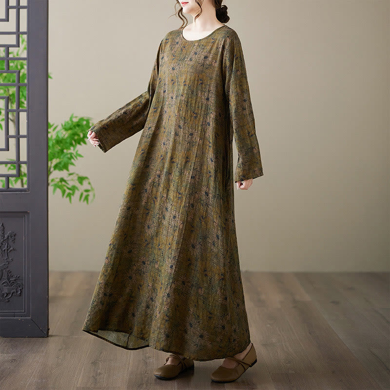 Olive Printing Flower Long Sleeve Cotton Linen Maxi Dress With Pockets