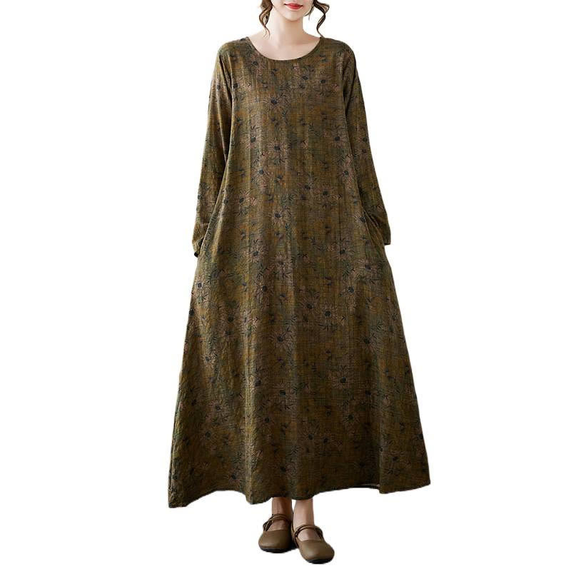 Olive Printing Flower Long Sleeve Cotton Linen Maxi Dress With Pockets