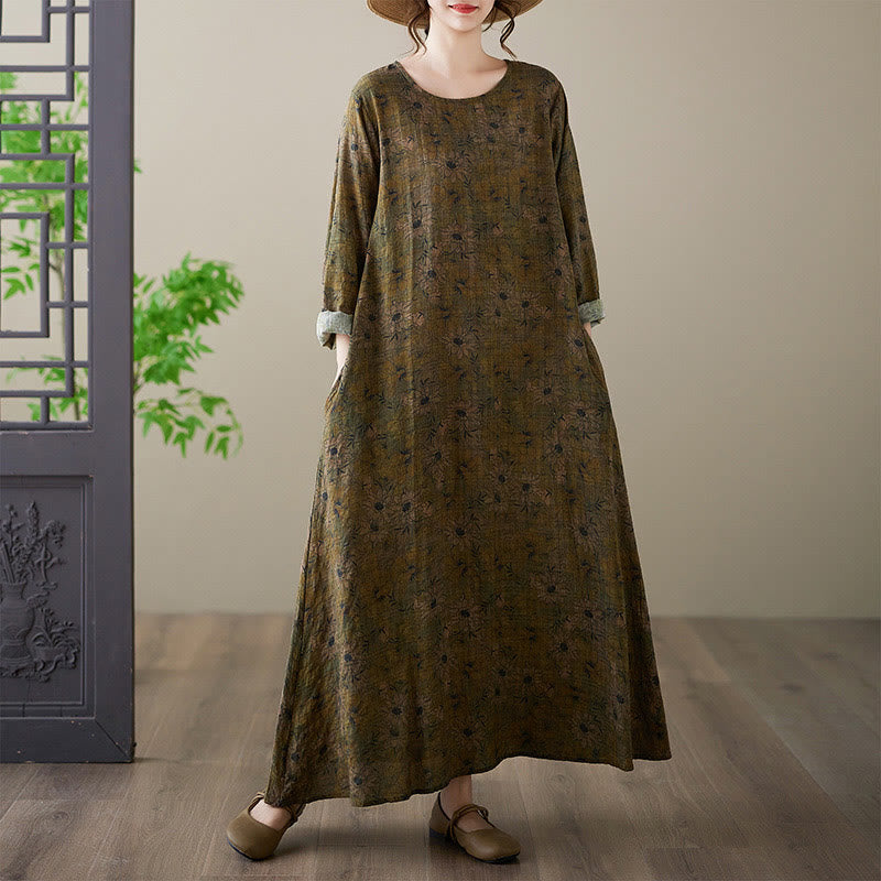 Olive Printing Flower Long Sleeve Cotton Linen Maxi Dress With Pockets