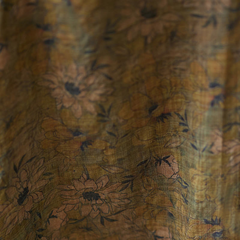 Olive Printing Flower Long Sleeve Cotton Linen Maxi Dress With Pockets