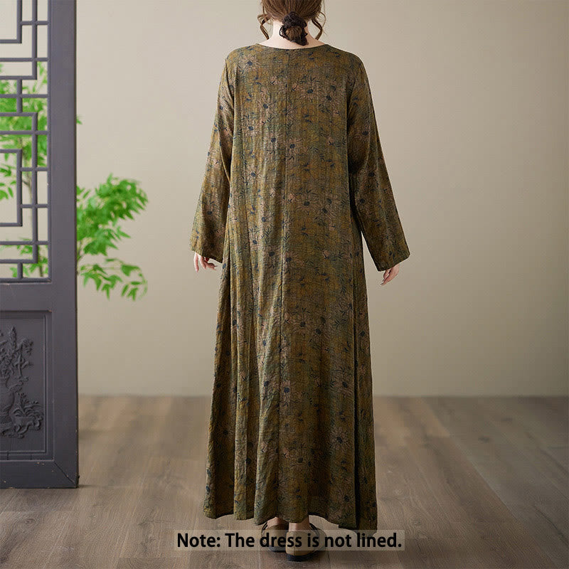 Olive Printing Flower Long Sleeve Cotton Linen Maxi Dress With Pockets
