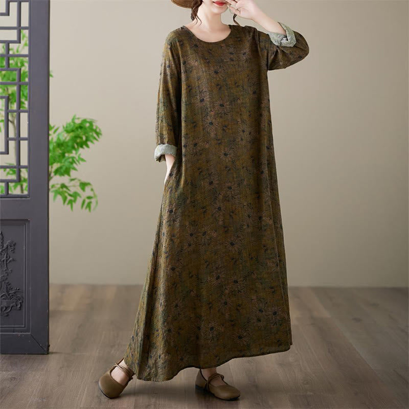 Olive Printing Flower Long Sleeve Cotton Linen Maxi Dress With Pockets