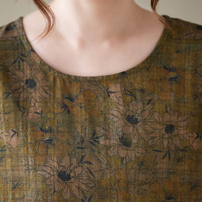 Olive Printing Flower Long Sleeve Cotton Linen Maxi Dress With Pockets