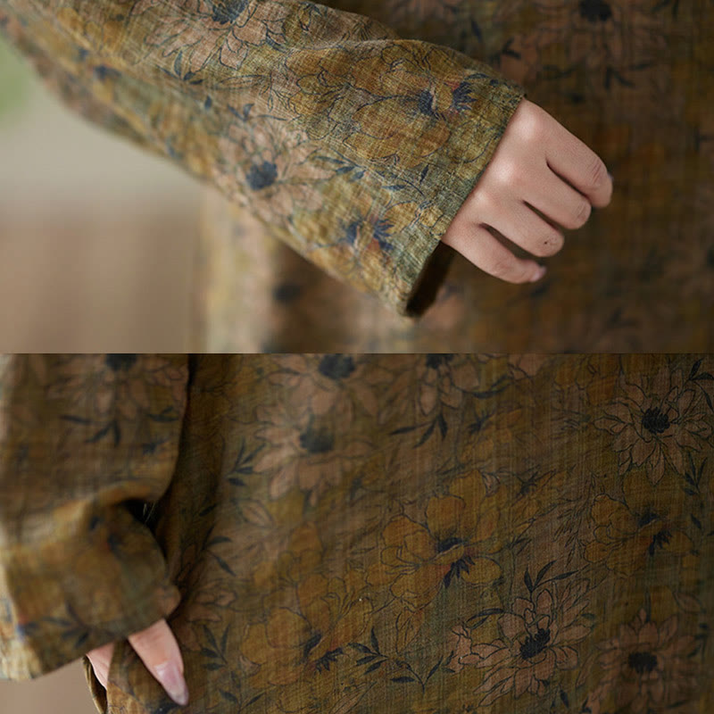 Olive Printing Flower Long Sleeve Cotton Linen Maxi Dress With Pockets