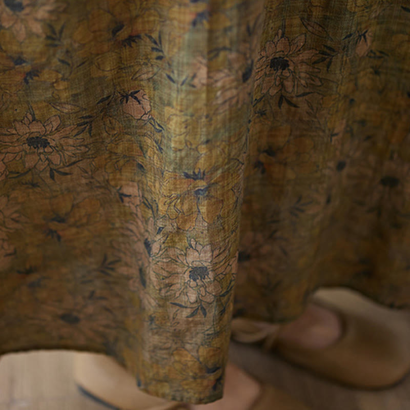 Olive Printing Flower Long Sleeve Cotton Linen Maxi Dress With Pockets